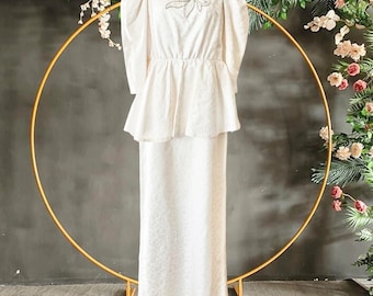 Vintage 1980s Rapsimo designer wedding dress cream silk brocade peplum design pearl buttons size 8