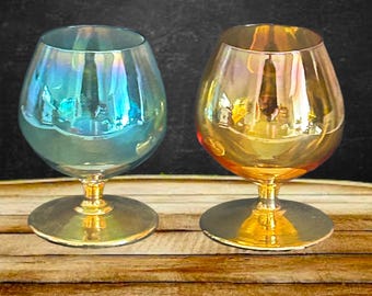 French mid-century 1950s pair of small harlequin gold footed lusterware brandy snifters made in France