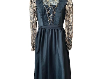 Mr K vintage 1980s black Edwardian goth style bib dress lace sleeves tulle overlay gold thread detail size 8