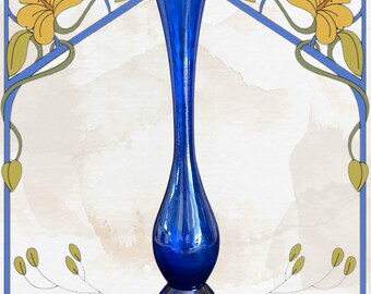 Cobalt blue swirl glass vintage 1970s single flower 28cm tall vase gift idea