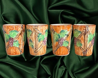 Japanese set of 4 vintage 1960s majolica pottery drinking tumblers vine and grape motif