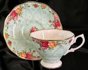 Royal Albert Old Country Roses Peppermint Damask vintage English porcelain teacup and saucer duo