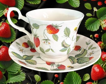 Roy Kirkham Alpine Strawberry fine bone china tea cup and saucer duo vintage 2000 made in England
