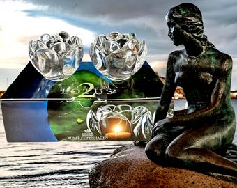 Danish solid crystal Royal Copenhagen Holmegaard vintage 1990s Lille Lotus tea light candleholders original box made in Denmark