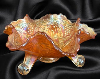 Fenton Marigold fluted edge carnival glass footed bowl grapevine design vintage 1950s
