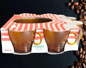 Duralex France set of 6 unused Ondine demitasse cups and saucers tempered amber glass in original packaging