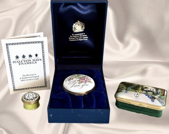 Halcyon Days by Bilston & Battersea 3 vintage English enamel trinket ring boxes: I Love You, Thinking of You and Monet The Artist's House