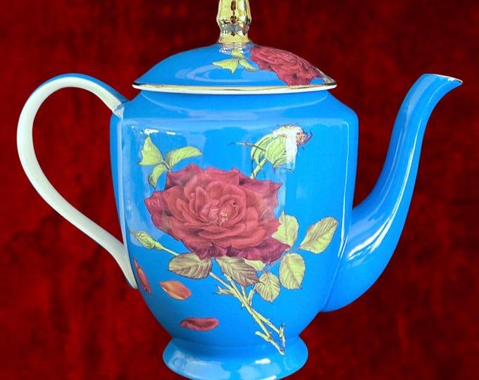 Featured listing image: Vintage T2 Art Deco style cobalt blue rose detail large capacity teapot, coffee pot