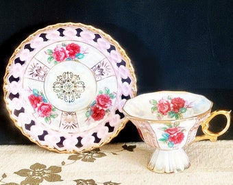 JAC Japanese vintage 1960s lusterware fine bone china pink floral high tea cup and saucer duo