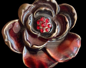 Art Nouveau revival vintage 1980s upcycled red enamel rose brooch