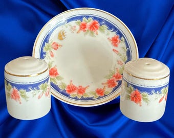 Malaysia Airlines vintage 1980s First Class mini individual porcelain salt and pepper set by Noritake matching mini plate