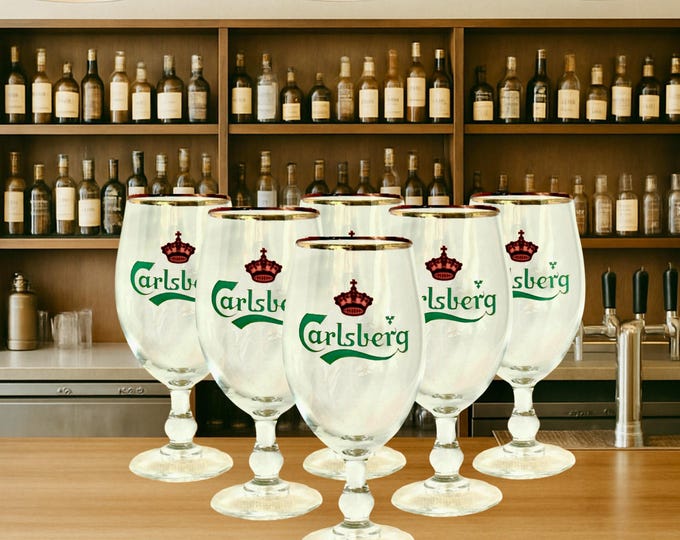 Featured listing image: Carlsberg vintage 1990s set of 6 stemmed gold rim Danish pilsner beer glasses