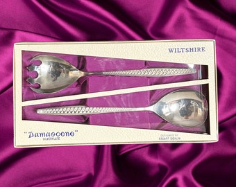 Wiltshire Damascene by Stuart Devlin vintage 1960s boxed silverplate salad servers