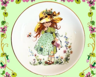 Country Scene vintage 1970s mini 7.5cm porcelain collectible Hollie Hobbie style plate made in England