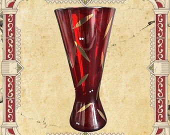 Bohemia Czechoslovakia 16cm red glass vase 24k gold detailing vintage 1960s