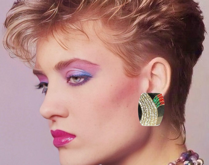 Featured listing image: Art Deco style vintage 1980s red green sparkling silver acrylic pierced earrings