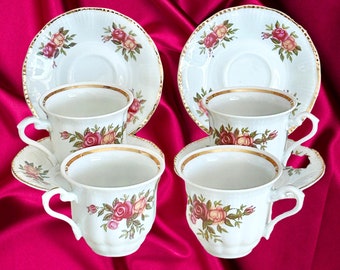 Walbrzych China Poland set of 4 vintage 1950s demitasse half sized tea cups with saucers floral motif