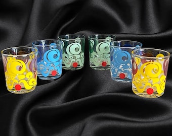 Reims France set of 6 vintage 1960s mid century modern swirl pattern shot glasses