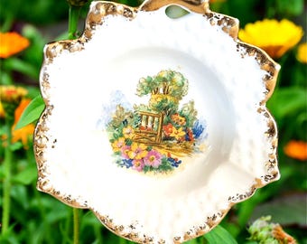 Saji Japanese fine bone china vintage 1960s mini ashtray with cottage garden theme