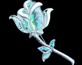 Duri vintage 1980s signed Art Deco style solid silverplate abalone paua shell rose brooch pin
