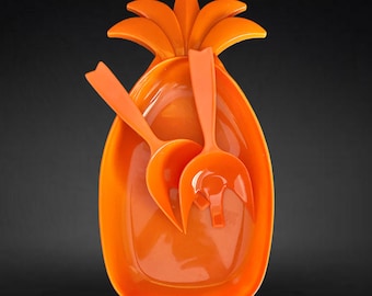 Vintage 1970s bright orange melamine plastic salad pineapple platter with serving tongs