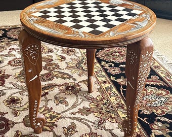 Solid hardwood Taj Mahal round chess table elephant trunk legs inlaid faux ivory detail vintage 1980s PICK UP ONLY Magill South Australia
