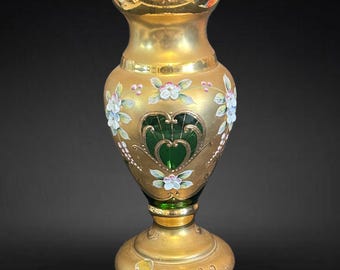 Bohemia Czech vintage 1970s green and gold 23cm glass vase enamel flower decoration