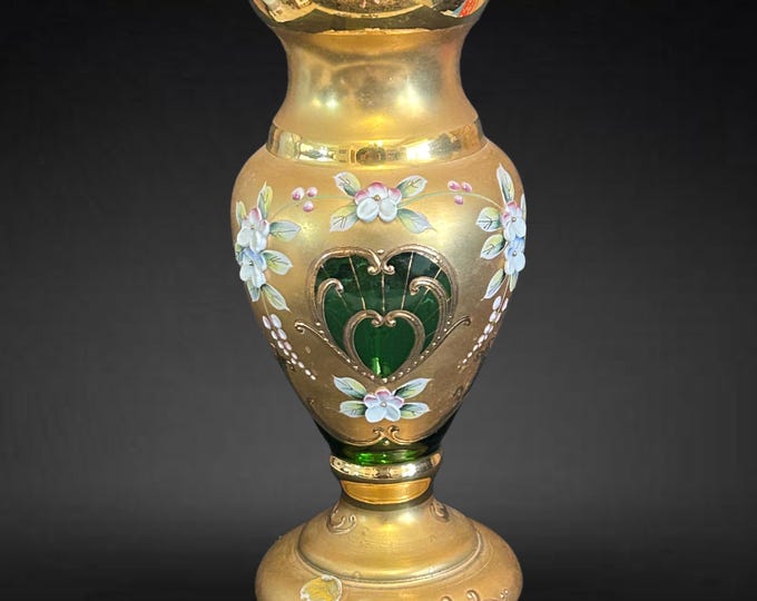 Featured listing image: Bohemia Czech vintage 1970s green and gold 23cm glass vase enamel flower decoration