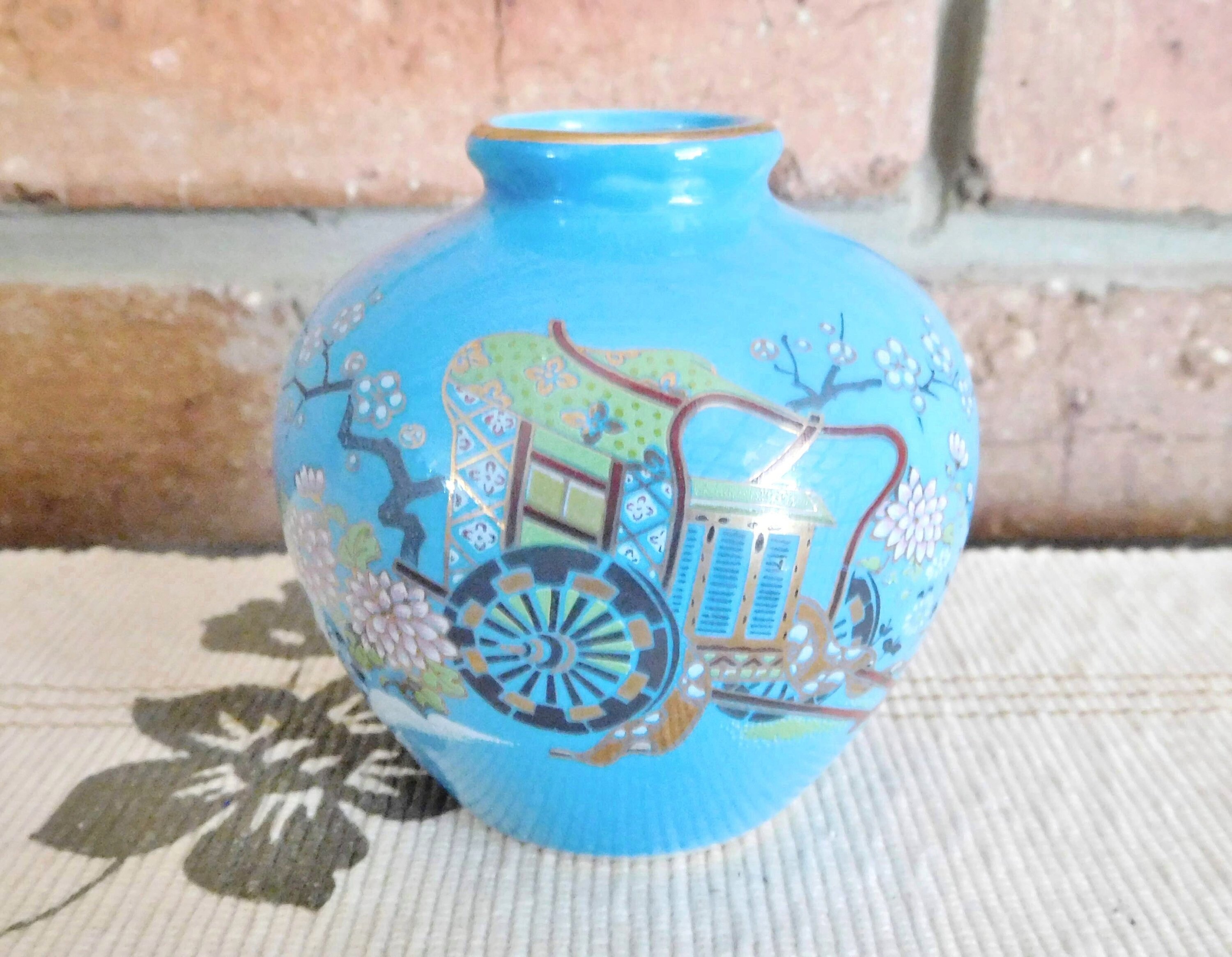 Japanese Kutani miniature posy bud vase, turquoise ground, vintage 1960s