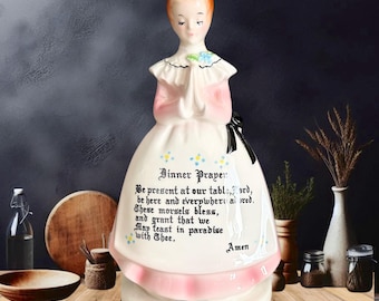 Enesco Prayer Lady pink ceramic napkin serviette holder The Dinner Prayer, vintage 1960s kitsch housewarming gift