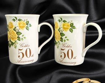 Tomkin Elite fine bone china 50th Golden Wedding Anniversary mugs, vintage 1980s