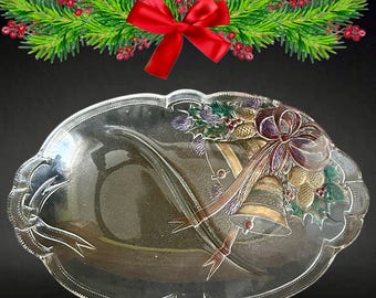 Mikasa Holiday Bells vintage 1980s divided glass serving platter