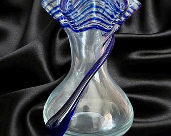 Vintage 1980s Italian Art Glass Vase: Hand Blown Cobalt Blue Fluted Vase