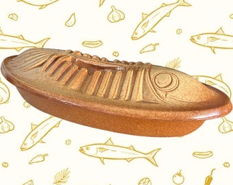Italian vintage 1970s glazed terracotta fish terrine, baker by Ceramiche Partenopee Italy