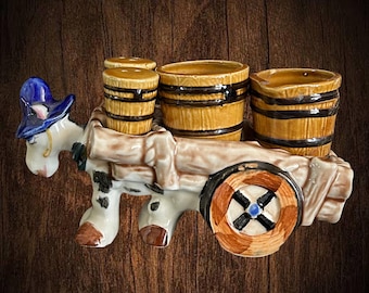 1960s vintage Japanese kitsch ceramic donkey and cart cruet, condiment set