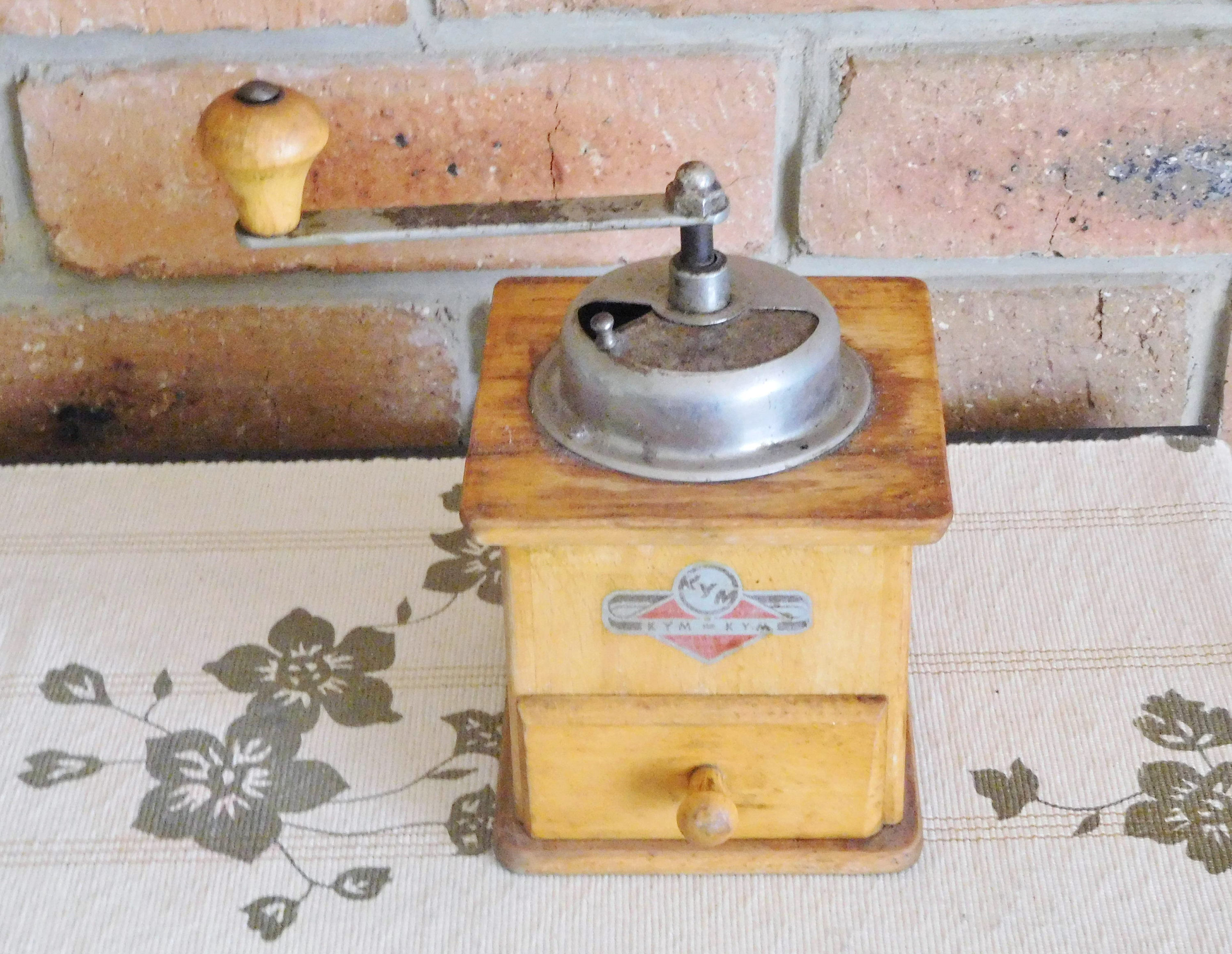 German Kym Mokka wooden coffee grinder, mill; vintage 1940s, movie prop