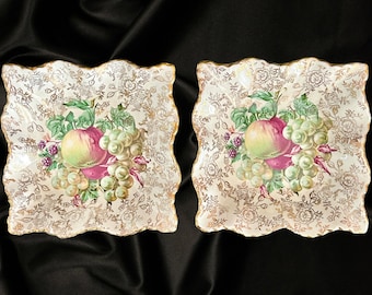 Vintage James Kent Longton small square fluted-edge porcelain bowls fruit motif England 1940s