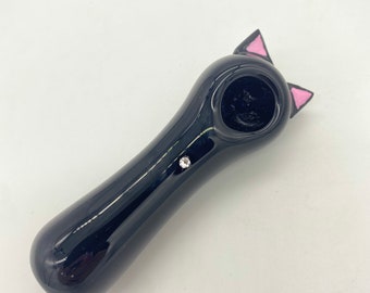 BLACK Pretty Kitty Ears and Tail Pink Glass Pipe, Moon Glass Spoon Pipe, Moon Glass Spoon Pipe, Custom Glass Pipe, Smoking Pipe