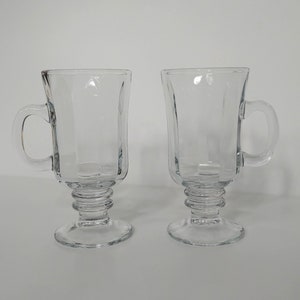 Set of 2 Vintage Diner Style Ribbed Clear Glass Heavy Footed Irish Coffee Mugs with Handle - 8 oz