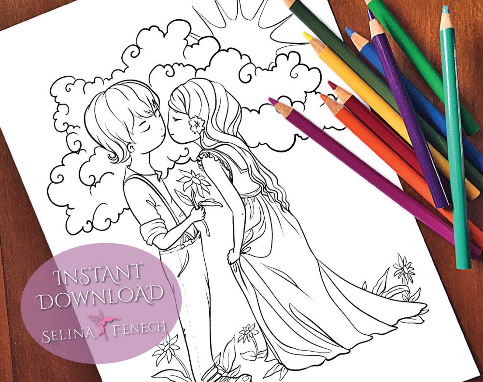 Boy and Girl Kissing Coloring Page/Digi Stamp Fantasy | Etsy