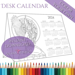 Calendario de escritorio de pie rasgado 2024 Página para colorear DIY Arte imprimible Scrapbooking Diseño Descarga instantánea