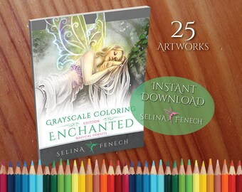 May include: A book cover with a grayscale illustration of a fairy with wings sleeping on a rock. The book title is "Grayscale Coloring Edition Enchanted Magical Forests" by Selina Fenech. The cover also includes the text "25 Artworks" and "Instant Download Selina Fenech".