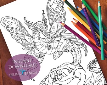 Fairy Dragon Unicorns and Dragons Coloring Page/Digi Stamp Fantasy Printable Download by Selina Fenech