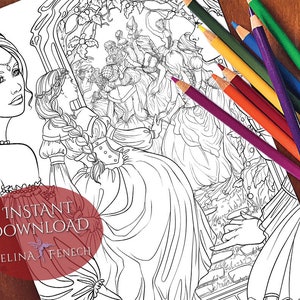 May include: A black and white line drawing of a woman in a dress looking at a mirror. The mirror reflects a scene of people dancing in a garden. The image is a coloring page with the text "INSTANT DOWNLOAD SELINA FENECH" at the bottom.