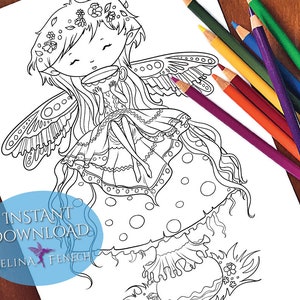 Thé sur un champignon vénéneux Faedorables Tea Party Coloriage/Digi Stamp Fantasy Téléchargement imprimable par Selina Fenech
