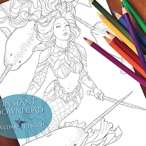 Narwhal Warrior Sirene e compagni animali Pagina da colorare/Timbro digitale Fantasy Scaricabile di Selina Fenech