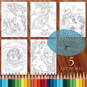 Sirenas y bestias marinas Sirenas y compañeros animales Página para colorear/Digi Stamp Fantasy Descarga imprimible por Selina Fenech
