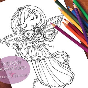 Baby Dragon Cuddles Faedorables Dulce y Simple Página para colorear/Digi Stamp Fantasy Descarga imprimible por Selina Fenech