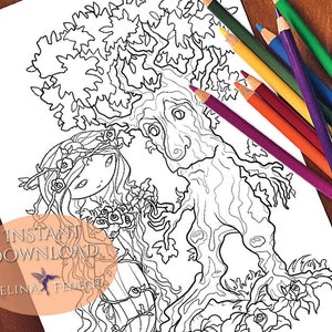 Dryad y Tree-man Faedorables Fantasy Beasts Coloring Page/Digi Stamp Fantasy Descarga imprimible por Selina Fenech