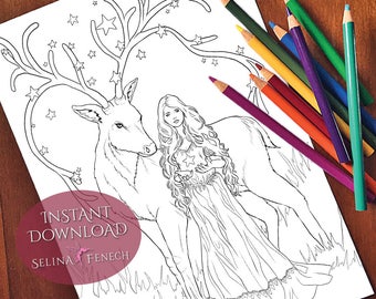Gift of Starlight Christmas Festive Magic Coloring Page/Digi Stamp Fantasy Printable Download by Selina Fenech